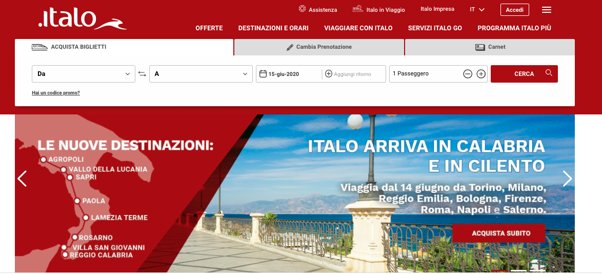 Italo "lancia" la Calabria sul portale internet: ecco le promozioni per l'estate