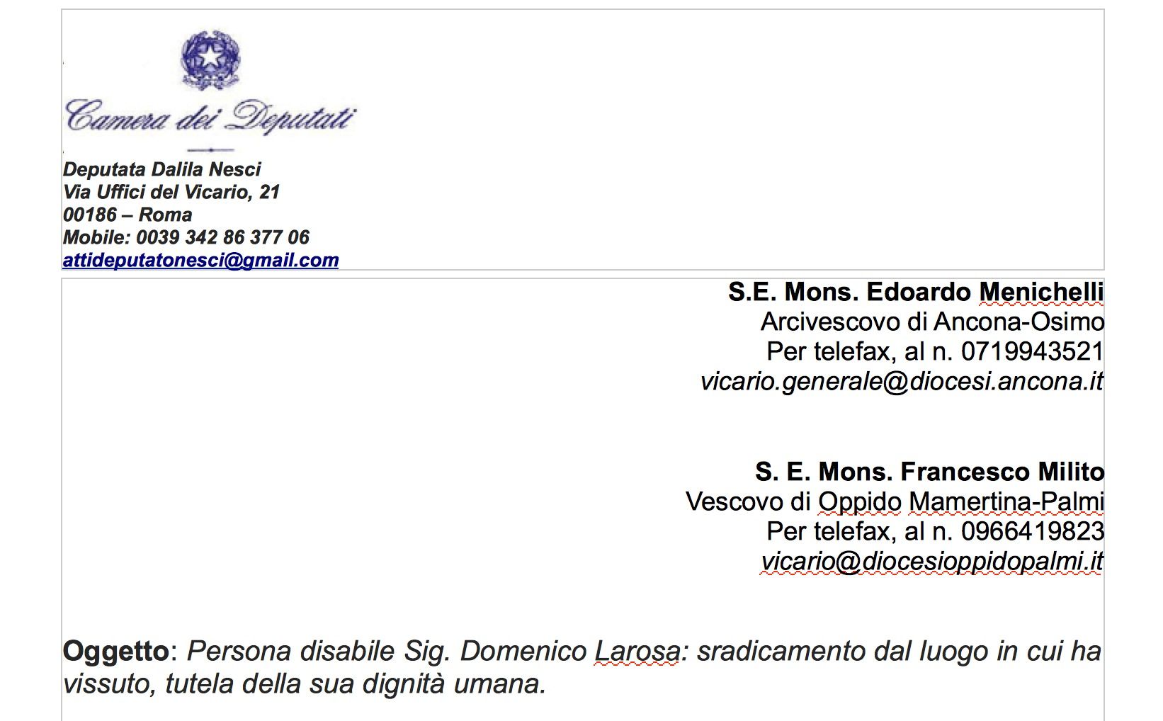 Disabile reggino, Nesci scrive ai vescovi