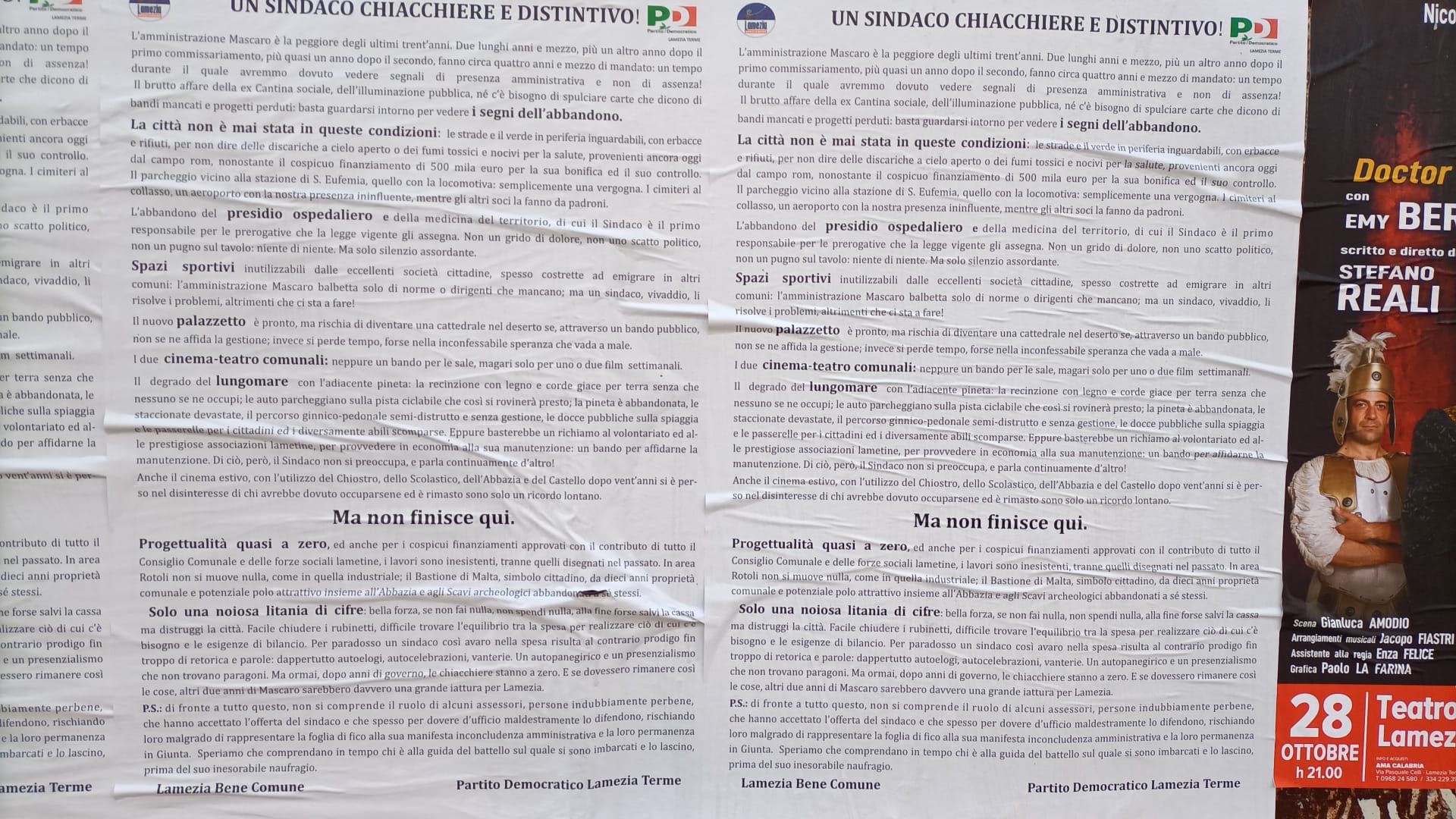 Lamezia, in città manifesti contro Mascaro. L’ira del sindaco sui social: «Vergognatevi»