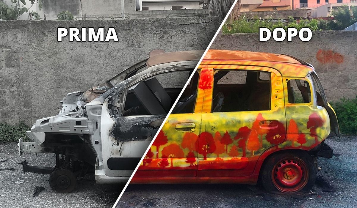 L’auto incendiata diventa opera d’arte. L’idea geniale del centro “Noi Ragazzi di Oggi” di Reggio Calabria – FOTO