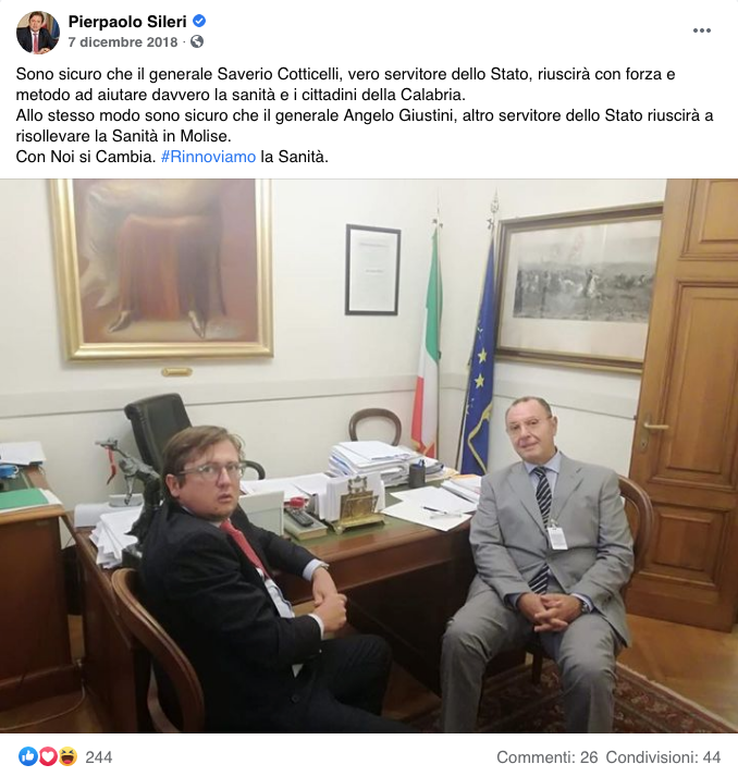 Quando Sileri posava con Cotticelli. «Rinnoviamo la sanità in Calabria»