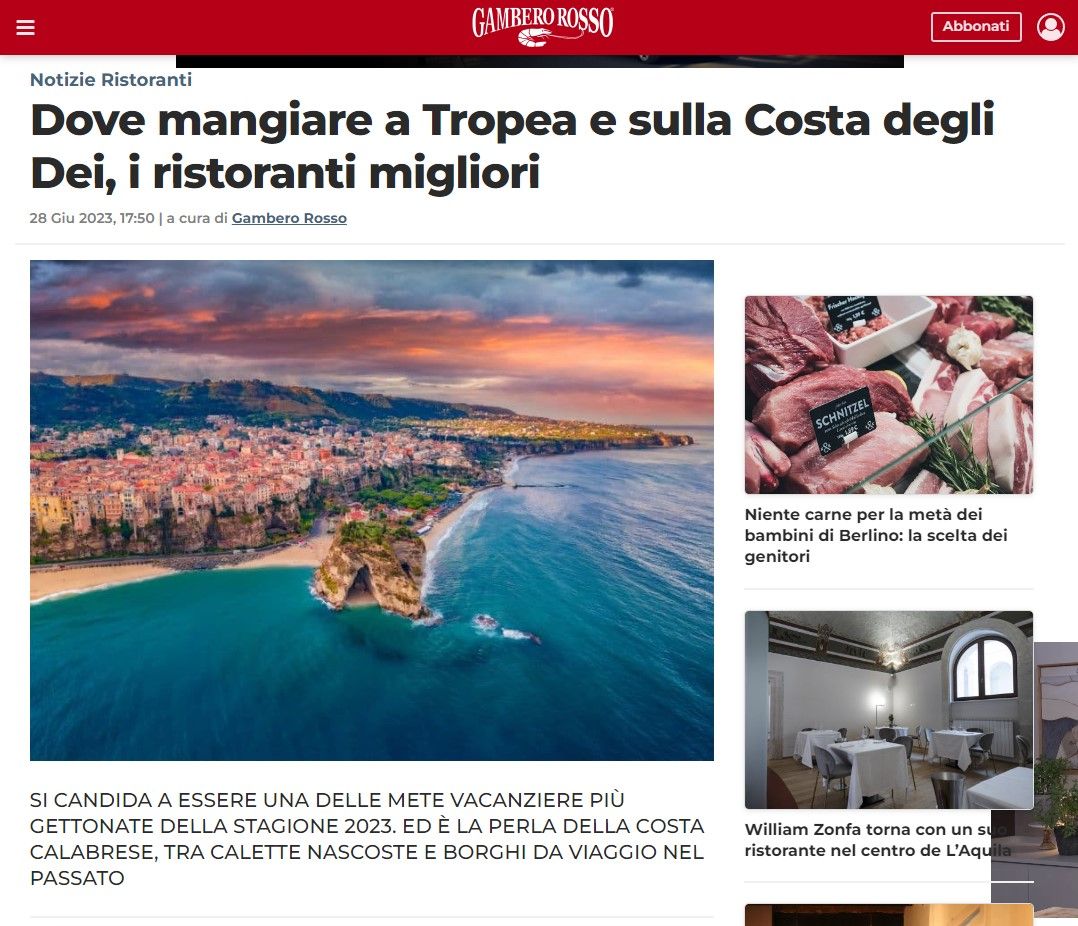 Tropea porta la Costa degli Dei e la Calabria su “Gambero Rosso”