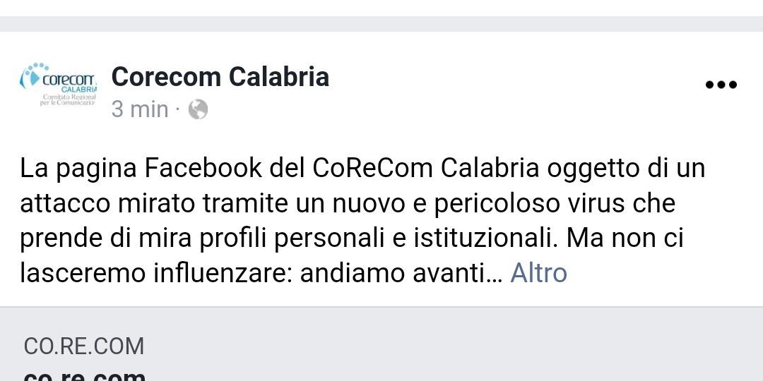 Pagina facebook del Corecom sotto attacco di un virus insinuato attraverso il tag di un sito porno