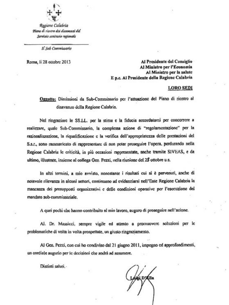 Sanità, lo strappo di D`Elia in una lettera