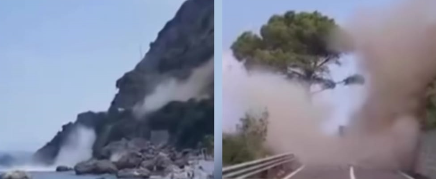 Scilla, il costone di roccia finito in mare (sfiorando la spiaggia) e i massi sulla strada – VIDEO