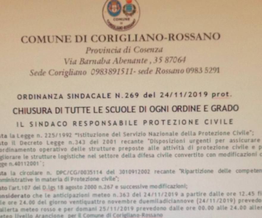 Maltempo, a Corigliano Rossano ordinanza fake di chiusura delle scuole