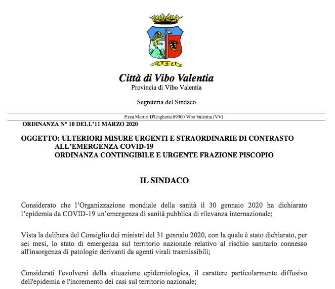 Vibo Valentia, ordinanza del sindaco: due frazioni "zona rossa"