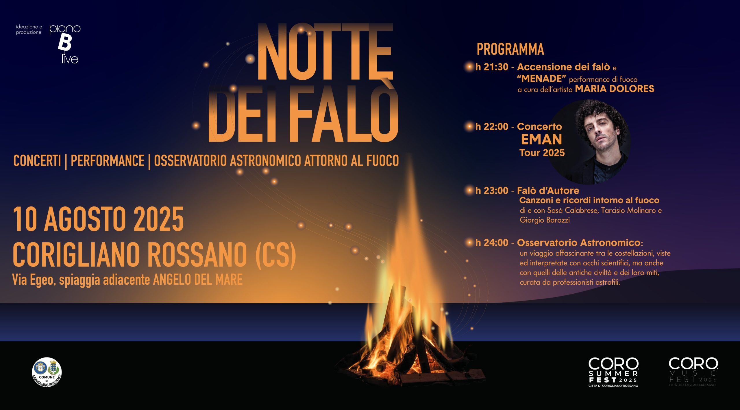 Notte dei Falò – Musica d’autore, performance e il live di Eman sulla spiaggia di Corigliano-Rossano
