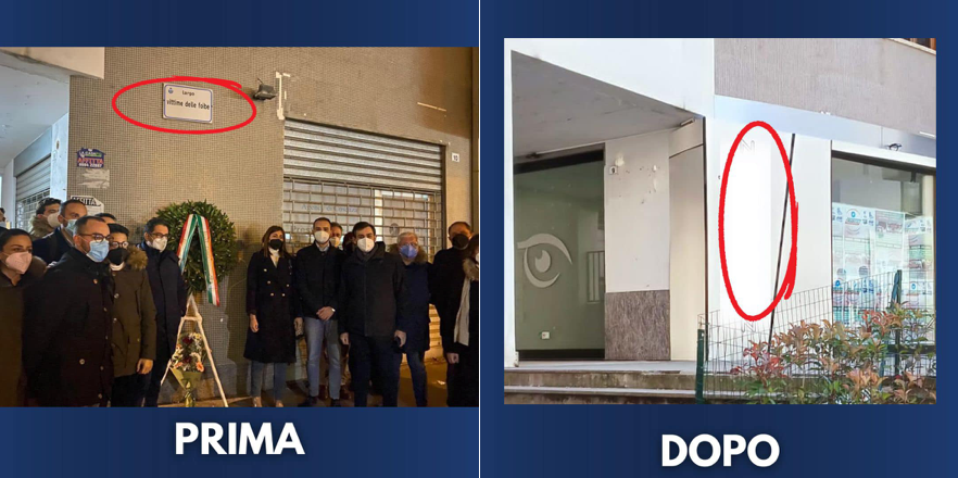 L’insegna di un negozio al posto della targa “Vittime delle Foibe”, Fdi protesta