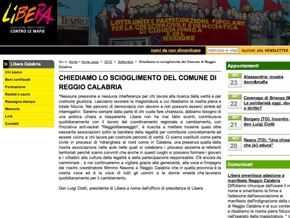 Libera si spacca sul manifesto per Reggio