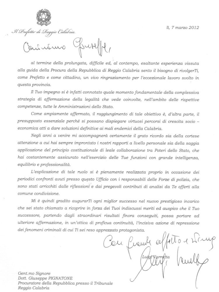 Varratta saluta e ringrazia Pignatone