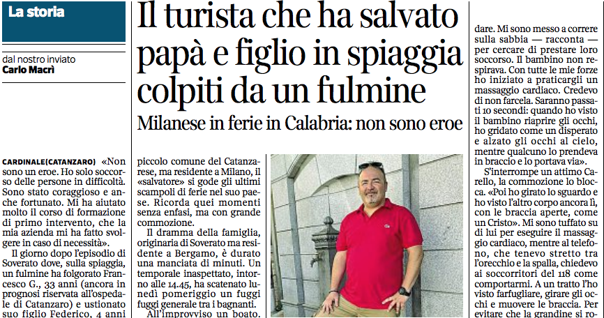 Il turista che ha salvato papà e figlio dopo il fulmine in spiaggia: «Non sono un eroe»