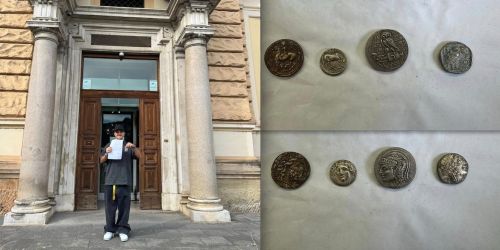 mattia belmonte con monete ritrovate ad amantea