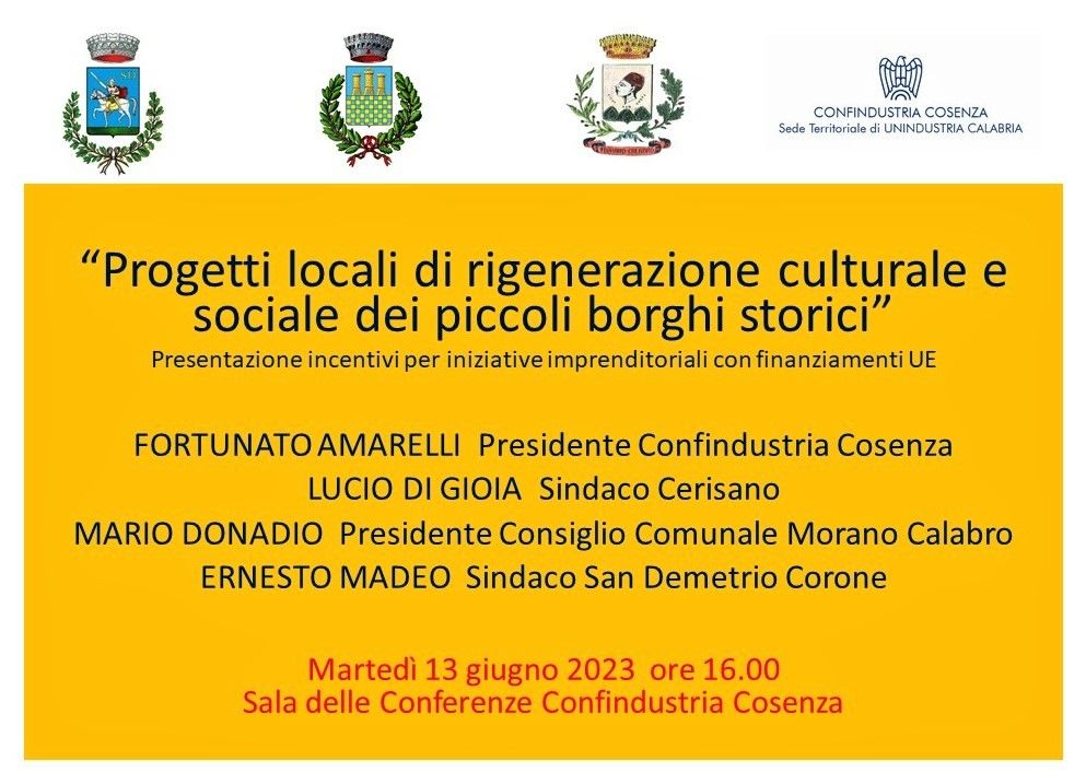 Confindustria Cosenza, il 13 giugno la presentazione dell’incentivo “Imprese Borghi”