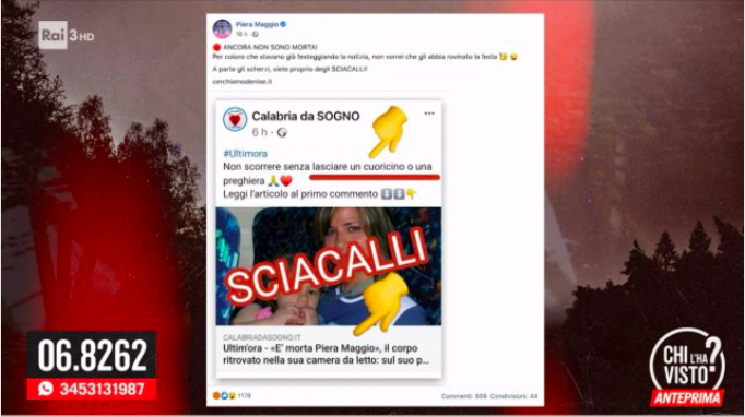 Su un sito calabrese la fake news sulla morte di Piera Maggio. Sciarelli: «Vergognoso»