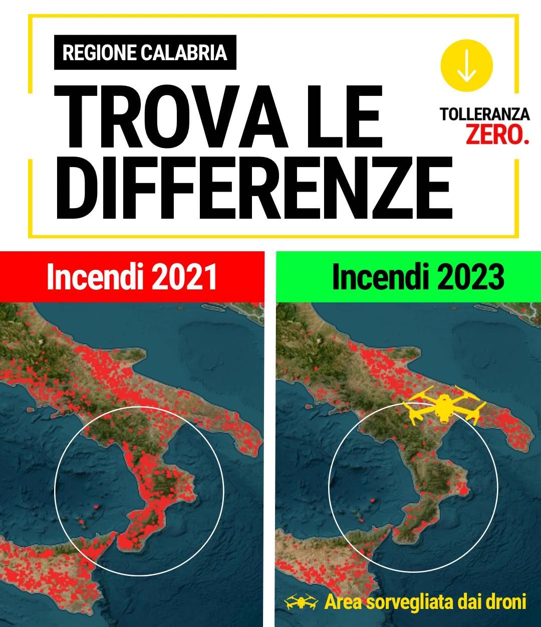 Occhiuto: «Salviamo dagli incendi ettari di natura». E mostra il paragone con il 2021