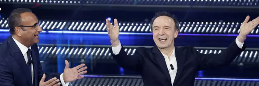 Sanremo, show di Benigni tra Meloni, Musk e Mattarella