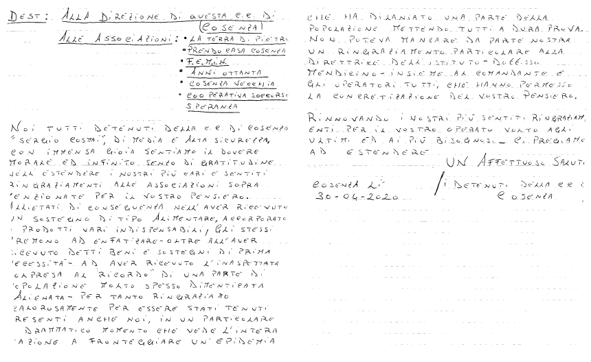 I detenuti di Cosenza alle associazioni: «Grazie a quanti si ricordano che esistiamo»