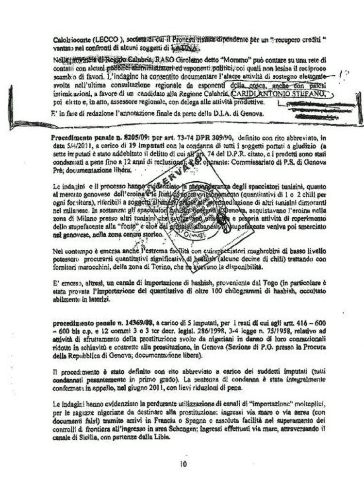 Caridi dubita: fonti generiche. Ecco il documento della Procura di Genova