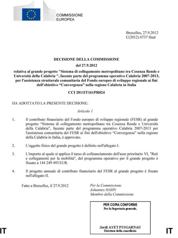 Da Bruxelles arrivano i soldi per la metroleggera di Cosenza