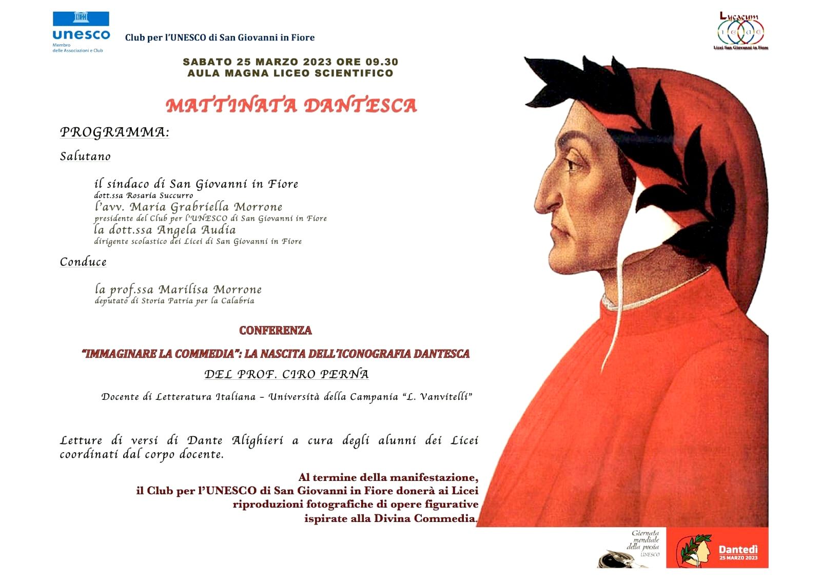 Mattinata dantesca domani al liceo scientifico di San Giovanni in Fiore. Morrone: «Pensare per figure è utile»