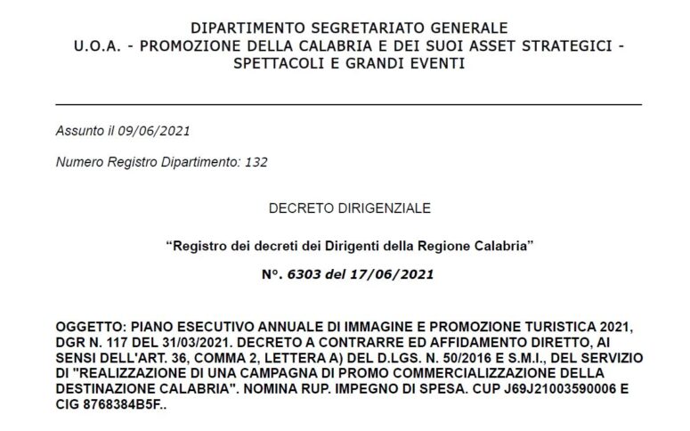 Il frontespizio del decreto dirigenziale con il quale è stato affidato il servizio